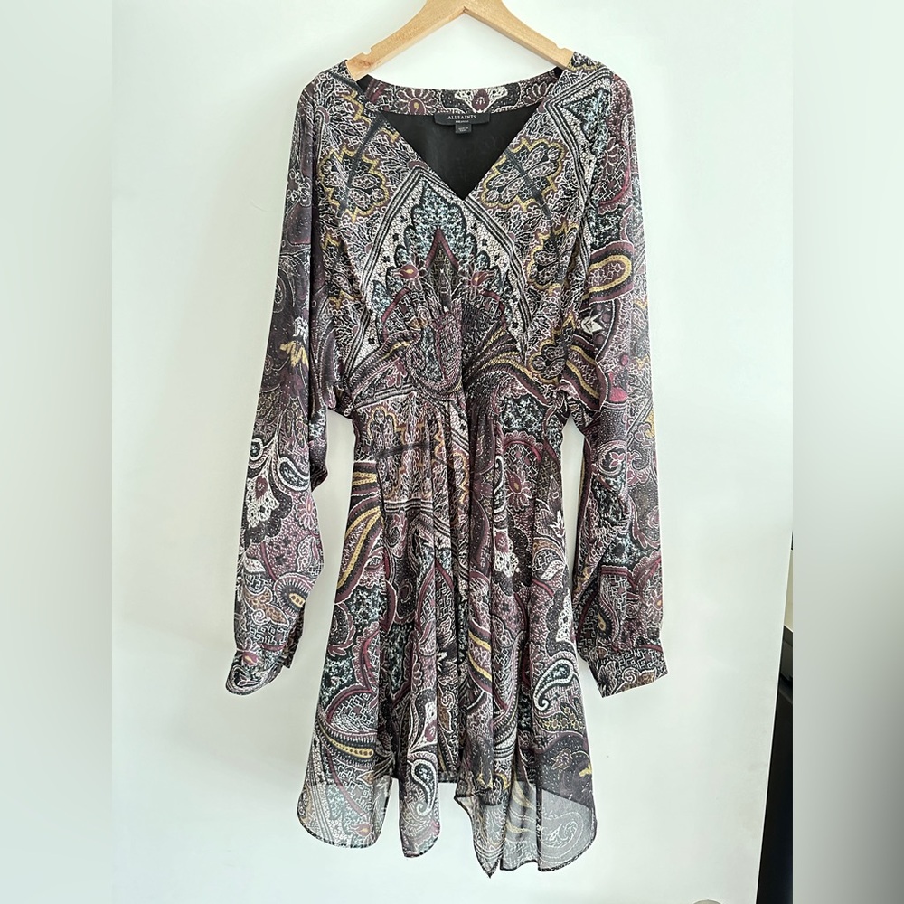 All Saints Brown Tan V-Neck Long Sleeve Boho Paisley Print Sundress